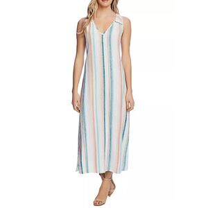 Vince Camuto Stripe Sleeveless Linen Blend Maxi Dress Ocean Wave  XS